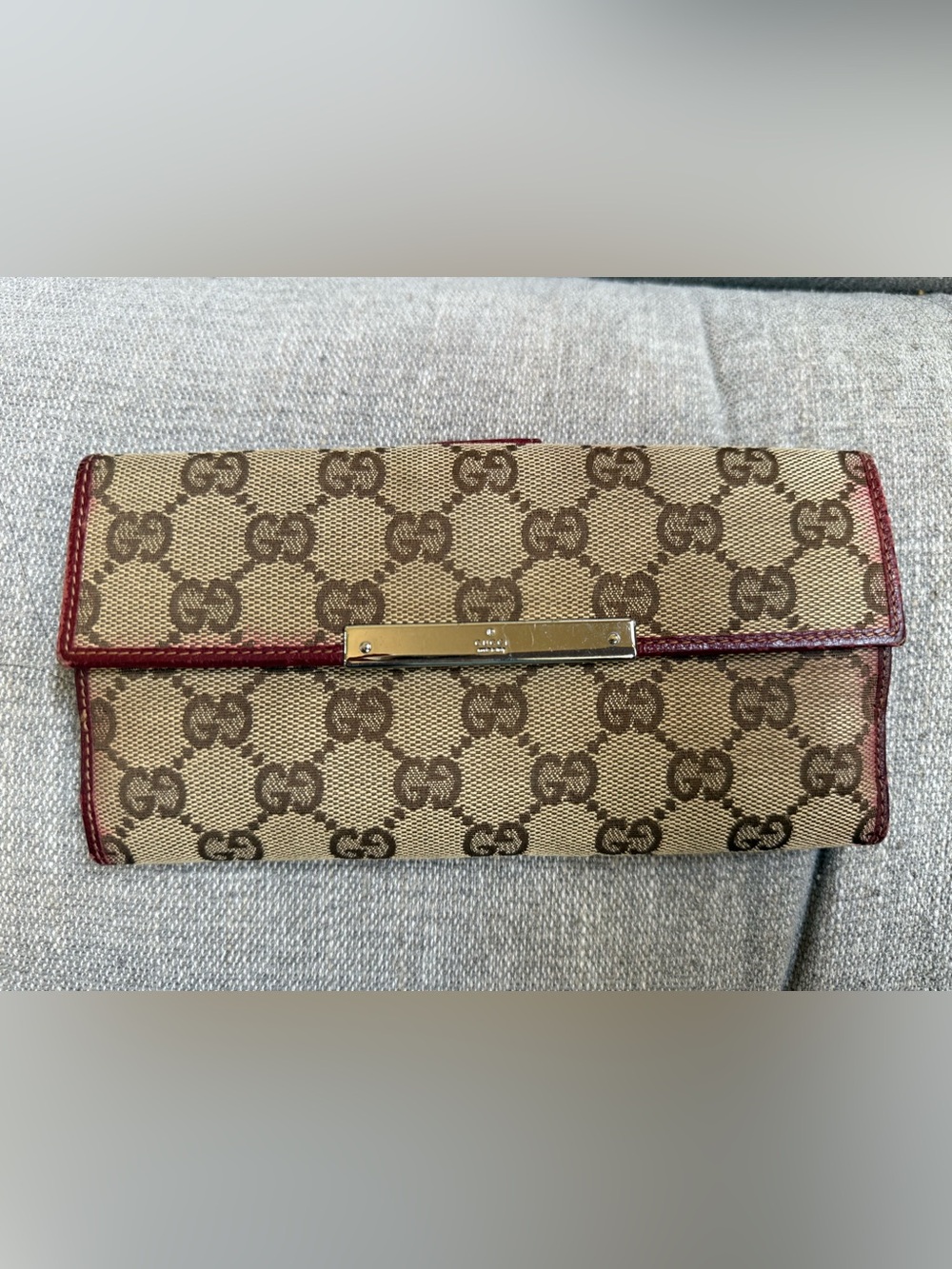 GUCCI MAROON LEATHER/CANVAS MONOGRAM LONG WALLET